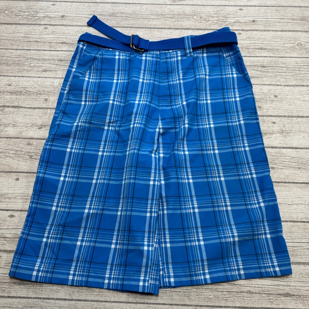 Elite Jean MFG Shorts Men's 38 Royal Blue Plaid Belted Relaxed Fit Streetwear
